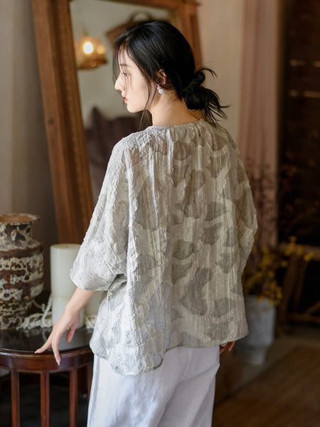 Women Summer Vintage Print O-Neck Button Loose Shirt II1009 BUYKUD