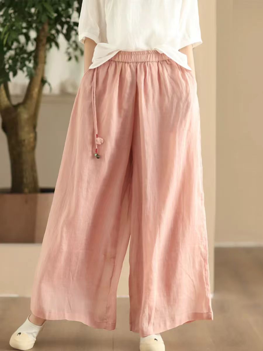 Women Summer Dual-layer Wide-leg Ramie Pants FD049 ZMMM