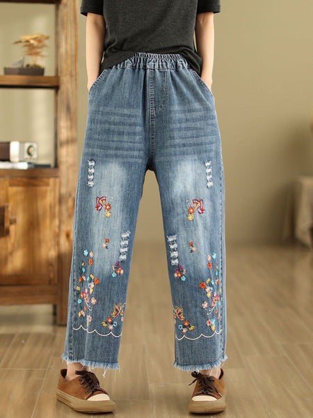 Women Summer Retro Embroidery Frayed Straight Denim Pants AS1042 Ada Fashion