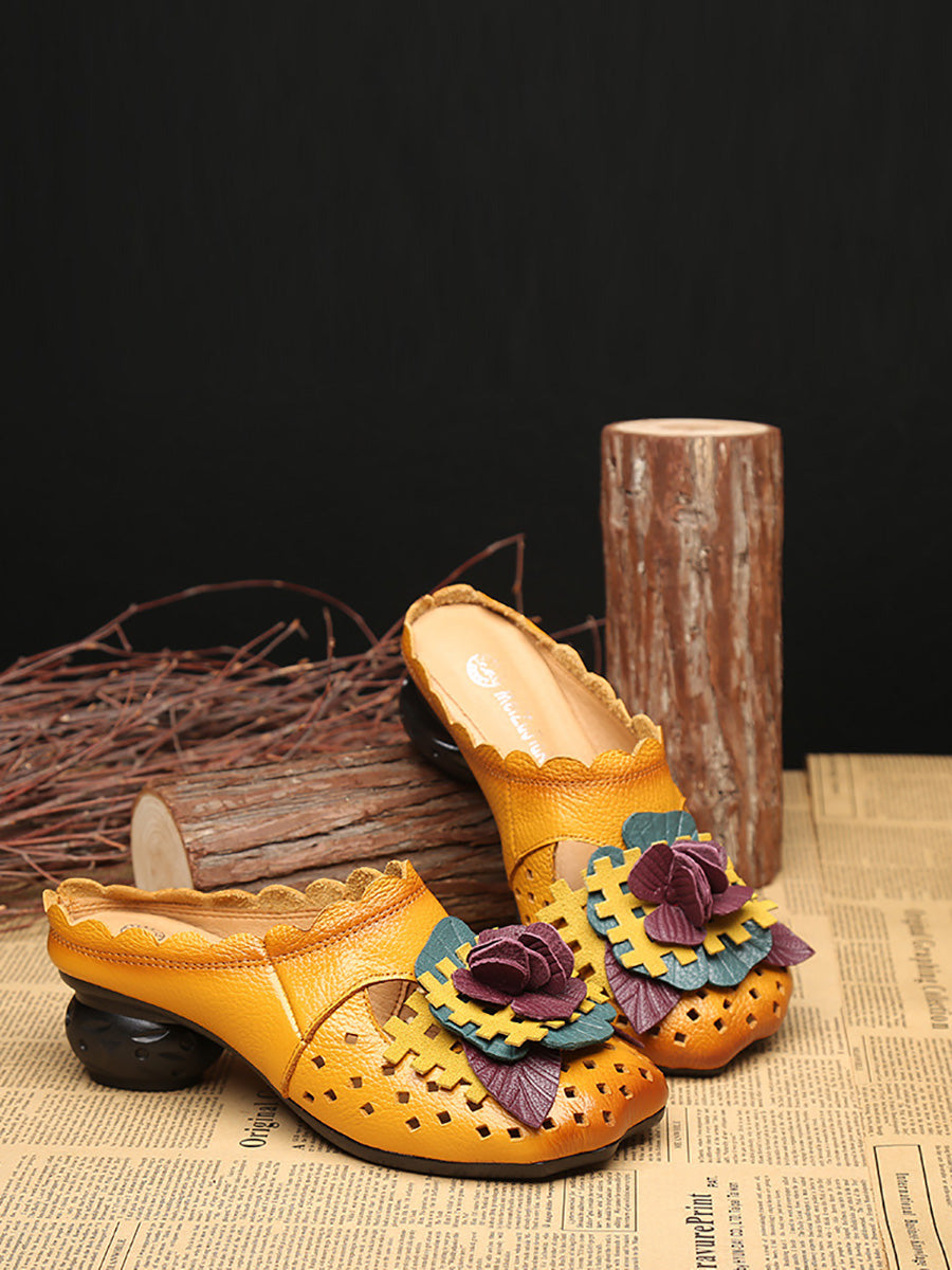 Women Summer Ethnic Leather Flower Spliced Low Heel Sandals FD014 TOYA