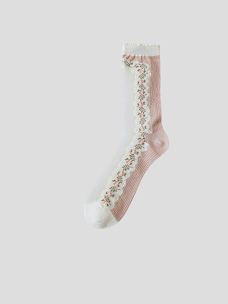 3 Pairs Women Elegant Flower Lace Spliced Thin Socks ZZ1010 Ada Fashion