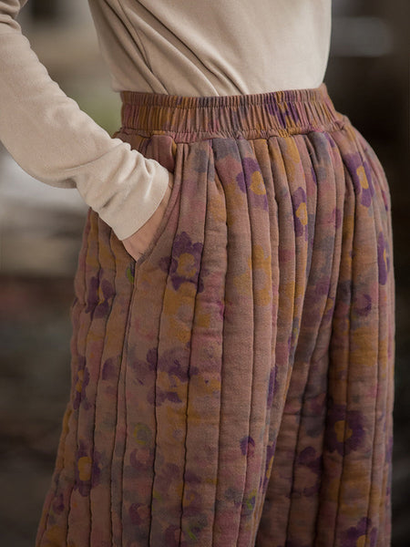 Women Winter Retro Flower Spliced Padded Cotton Harem Pants WU014 BK
