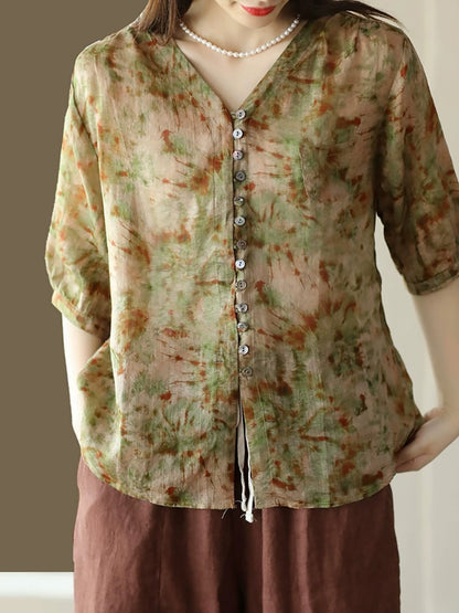 Women Vintage Floral Summer Button-Up Ramie Shirt XX1042 Ada Fashion