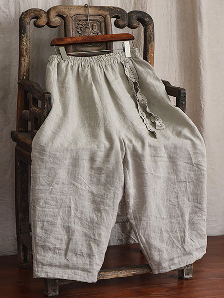 Women Casual Solid Drawstring Loose Linen Turnip Pants CX045 QYMM