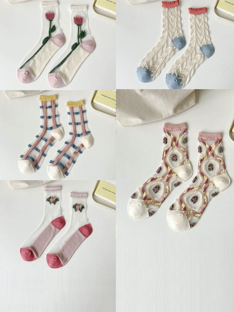 5 Pairs Women Artsy Summer Flower Jacquard Thin Socks CX040 BUYKUD