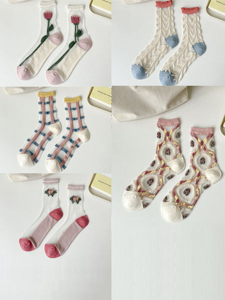 5 Pairs Women Artsy Summer Flower Jacquard Thin Socks CX040 BUYKUD