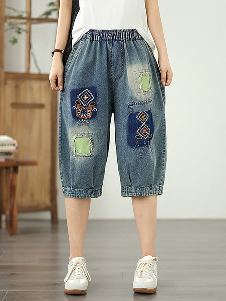 Denim Flower Retro Embroidery Fifth Women Pants Patchwork FashionChic