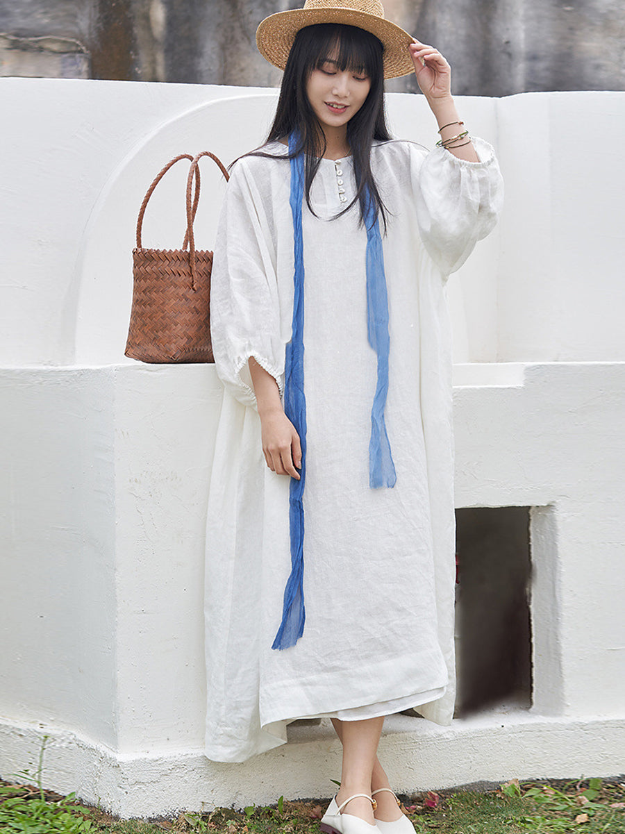 Women Summer Vintage Solid Loose Linen Dress ZZ1037 Ada Fashion