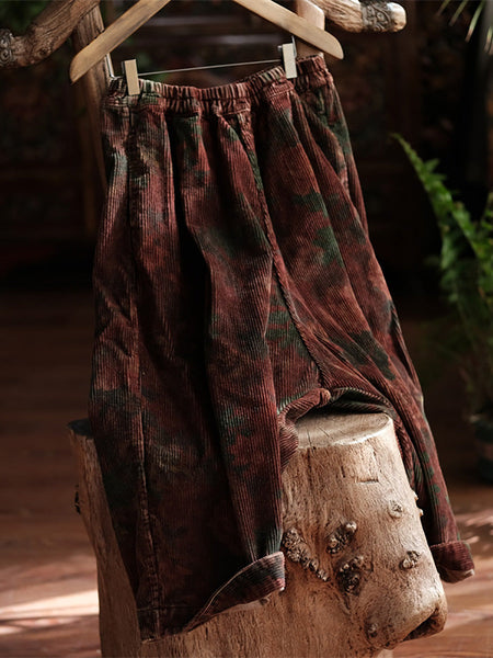 Women Vintage Spring Flower Croduroy Wide-leg Pants AT1079 BUYKUD