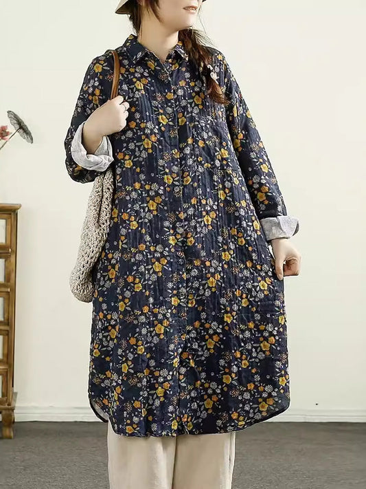 Women Vintage Autumn Flower Button-up Thin Cotton Coat AK1014 Genistyle Shop