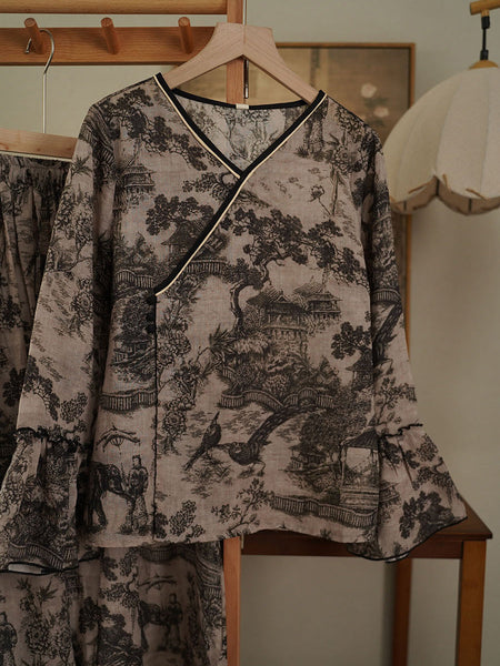 Women Ethnic Print V-Neck Ramie Loose Shirt+Skirt RR1032 BUYKUD