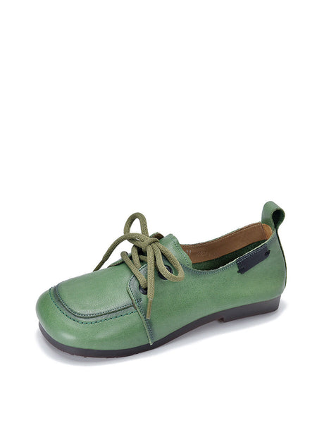 Women Summer Retro Solid Leather Square Toe Flat Shoes CX041 TZTJ