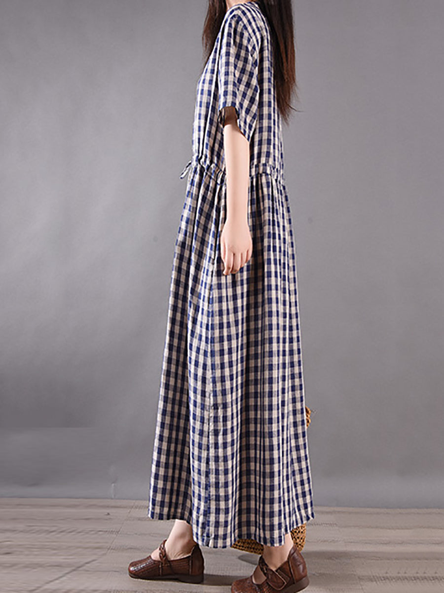 Women Summer Vintage Plaid Strap Linen Cotton Dress CV1036 Ada Fashion