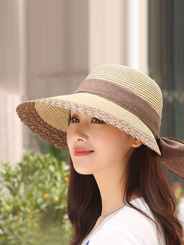Women Summer Straw Colorblock Large Brim Sunproof Hat ZZ1028 Ada Fashion