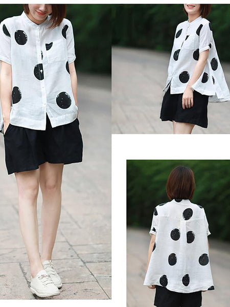 Dot Collar Stand Linen Polka Plus Cotton Size Shirt FashionChic