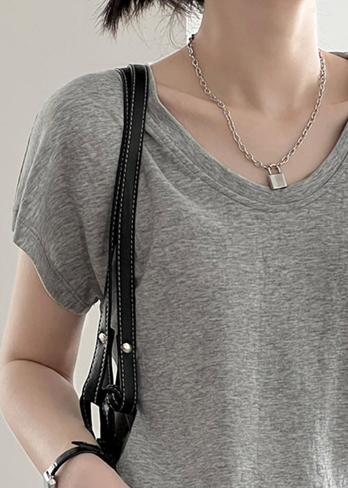 O Grey Sleeve Cotton Top Neck Solid Short Shirt T FashionChic