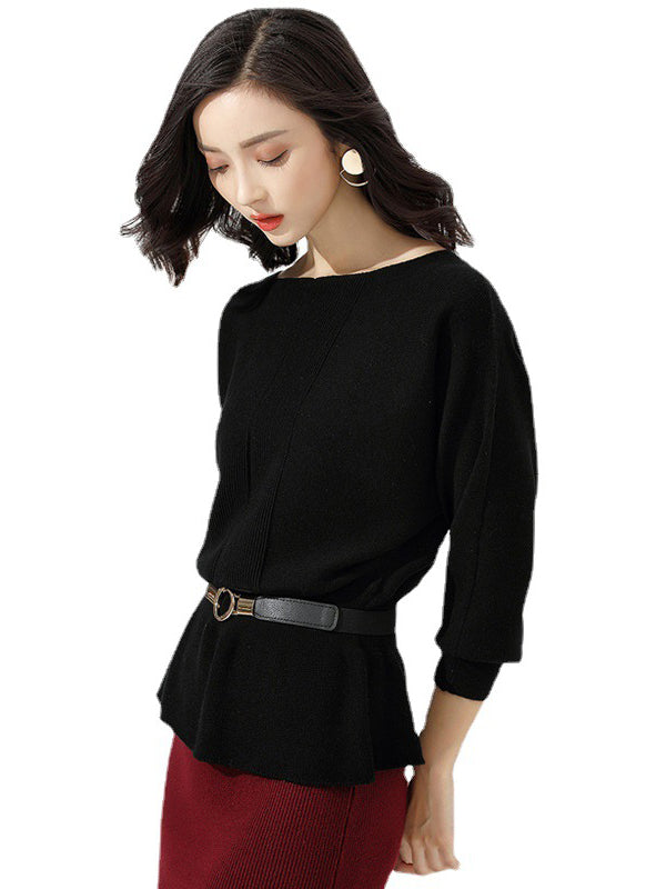 Elegant Red Boat Neck Tunic Ruffled Hem Long Sleeve Sweater AN1040 Genistyle Shop