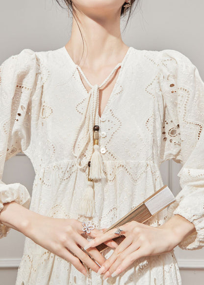 Beige V Out Hollow Lantern Cotton Neck Style Dresses French FashionChic