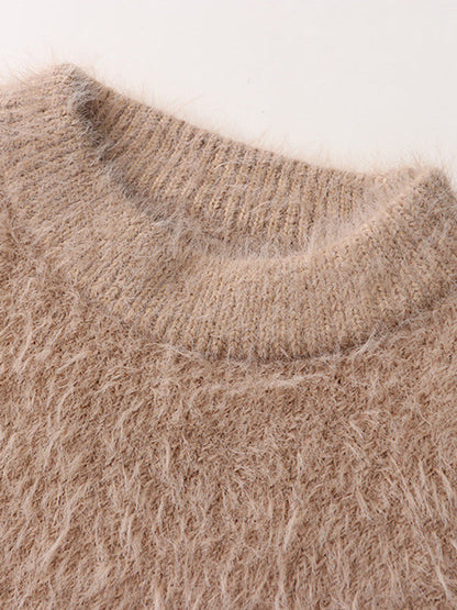 Simple Loose Coffee Round-Neck Long Sleeve Mohair Knit Top AN1062 Genistyle Shop