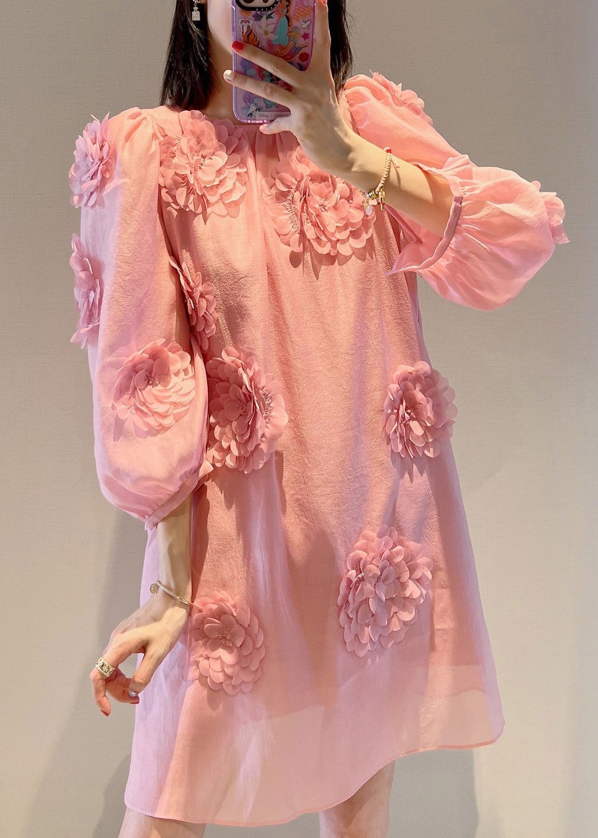 Loose Pink O-Neck Floral Mid Dress Long Sleeve EE007 shopify