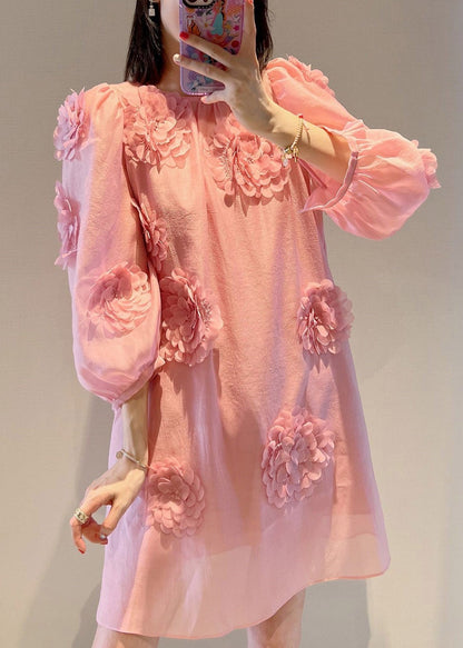 Loose Pink O-Neck Floral Mid Dress Long Sleeve EE007 shopify