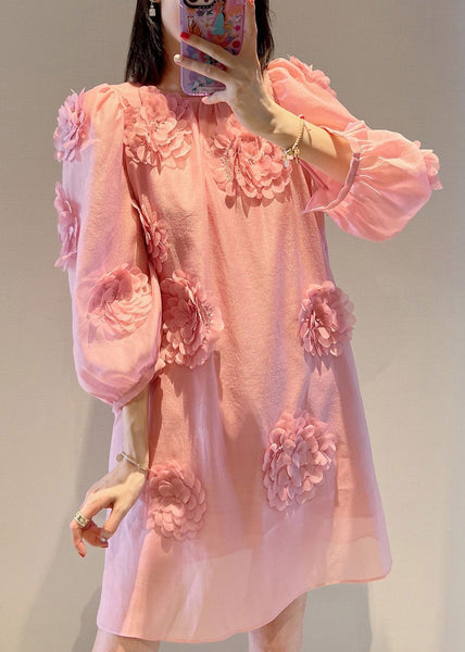 Loose Pink O-Neck Floral Mid Dress Long Sleeve EE007 shopify