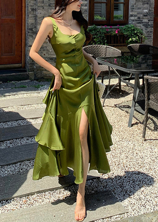 French Green Ruffled Patchwork Backless Silk Dress Sleeveless TT1007 shopify