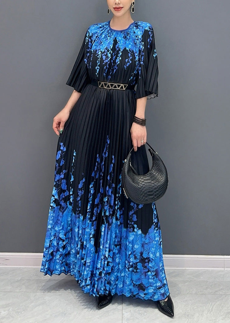 Fine Black O Neck Print Pleated Long Dresses Summer AO1006 JDML-SDL240909