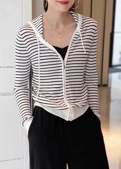Loose White Zippered Patchwork Striped Wool Knit Hooded Cardigans Fall QP021 OL-NCT241001