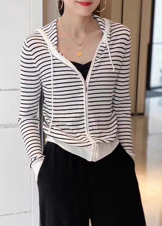 Loose White Zippered Patchwork Striped Wool Knit Hooded Cardigans Fall QP021 OL-NCT241001