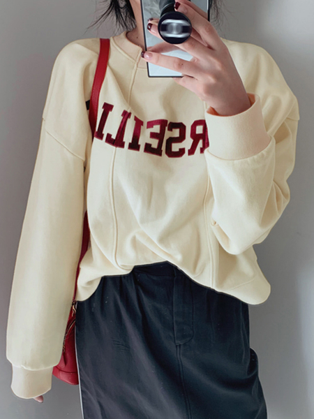 Street Loose Apricot O-Neck Letter Print Long Sleeve Sweatshirt TW003 ABC