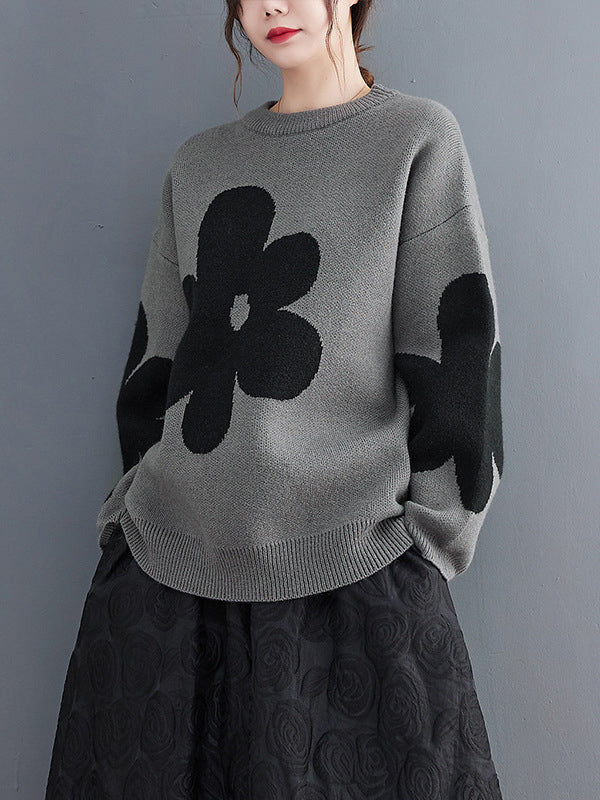 Cute Loose Black Round-Neck Contrast Color Flower Long Sleeve Sweater AN1070 Genistyle Shop
