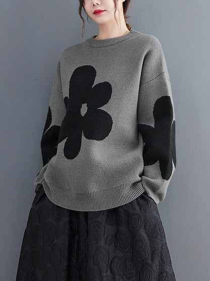 Cute Loose Black Round-Neck Contrast Color Flower Long Sleeve Sweater AN1070 Genistyle Shop