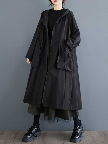 Casual Balck Hooded Pockets Zip-up Drawstring Hem Long Sleeve Trench Coat TW021 ABC