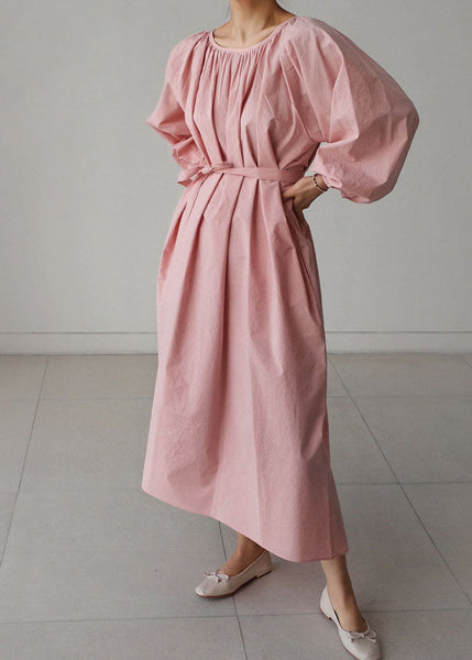 Dress wrinkled O-Neck Pink Maxi Quarter Three Cotton sleeve FashionChic