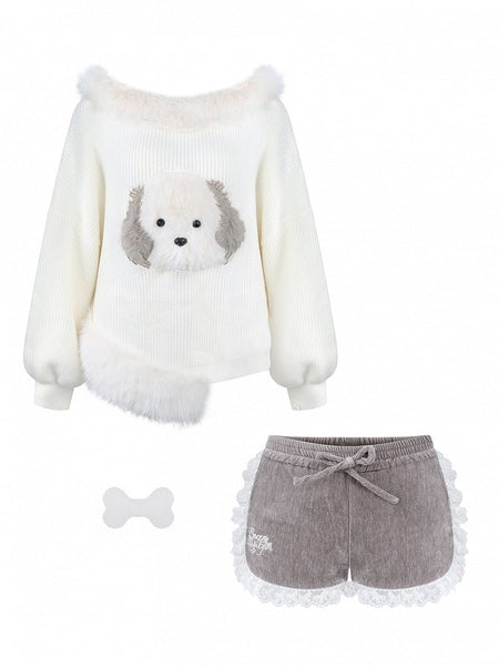 Kawaii - Decor with Bone Brooch Plush Sweater Accents Off-Shoulder Daily White Puppy FashionChic