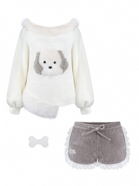 Embroidery Lace Letter Daily Grey Shorts Kawaii Trim - FashionChic