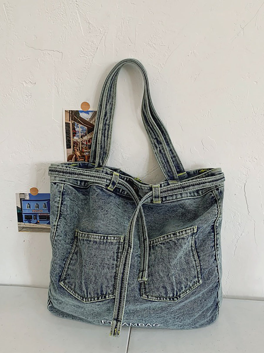 Women Vintage Solid Pocket Denim Handbag Shoulder Bag ZZ1008 Ada Fashion