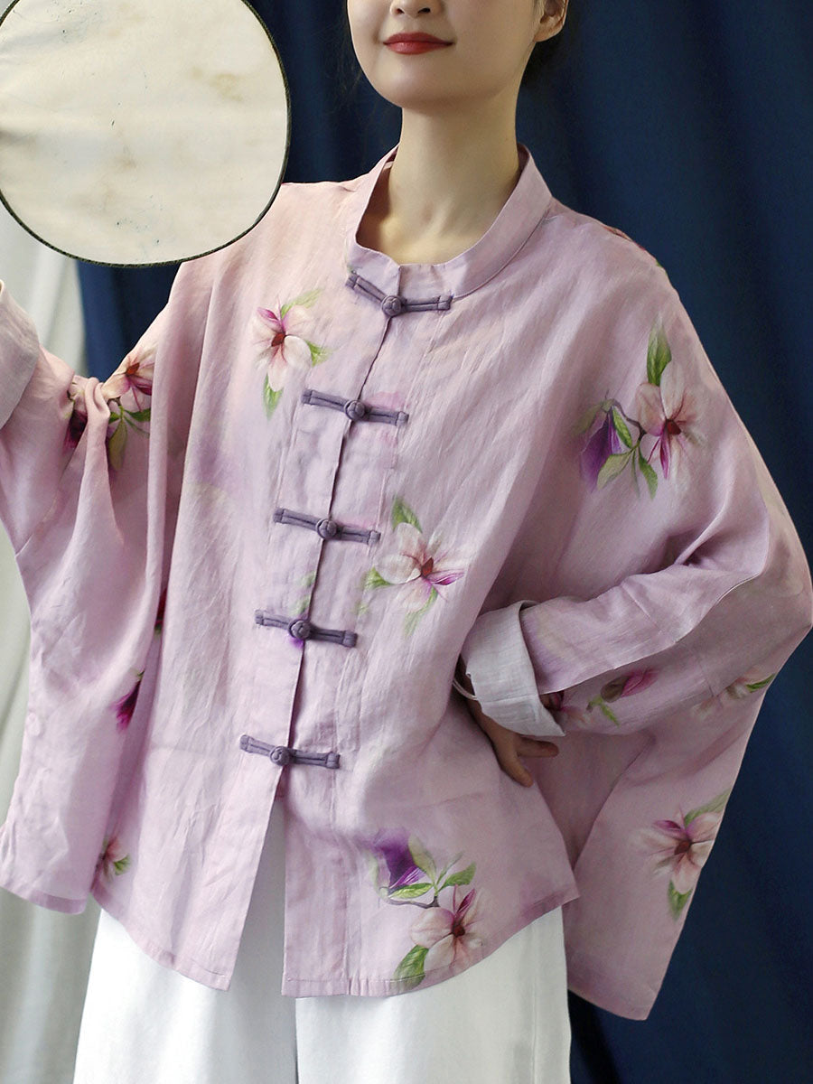 Plus Size Women Vintage Flower Pink Spring Ramie Shirt Coat PP1051 JSHY