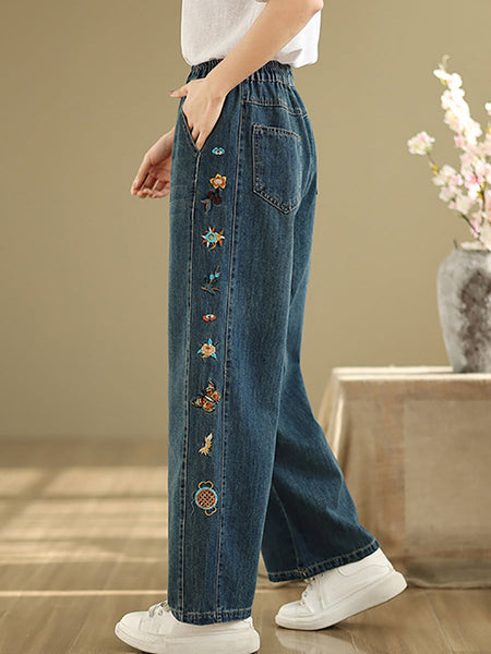 Pants Embroidery Women Wide-leg Retro Denim FashionChic