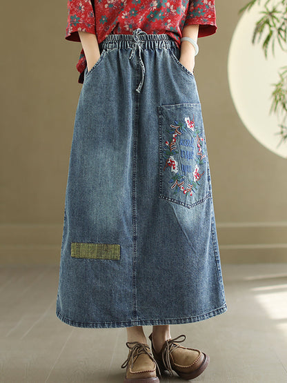 Women Artsy Flower Embroidery Denim Skirt CO1053 Ada Fashion