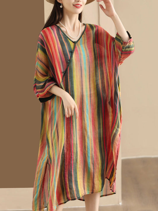 Women Summer Vintage Colorful Stripe V-Neck Ramie Dress PP1041 BUYKUD