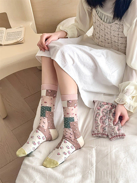 3 Pairs Women Artsy Floral Thin Socks FD037 BUYKUD
