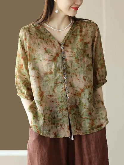 Women Vintage Floral Summer Button-Up Ramie Shirt XX1042 Ada Fashion