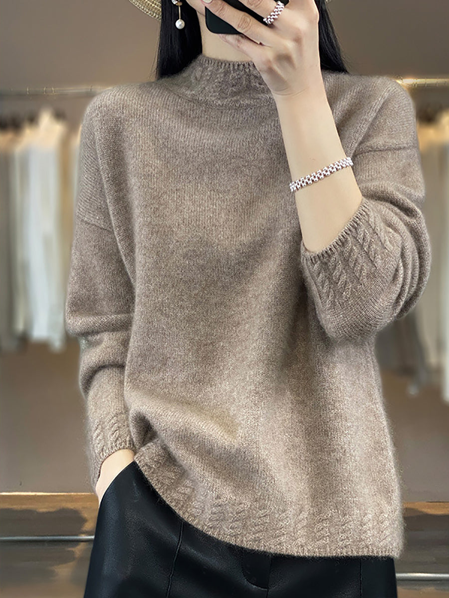 Women Autumn Half-Turtleneck Knit 100%Wool Sweater QU010 BK