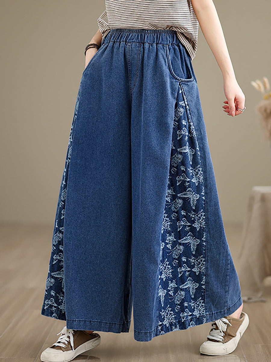 Women Vintage Summer Butterfly Spliced Wide-leg Denim Pants CO1030 Ada Fashion