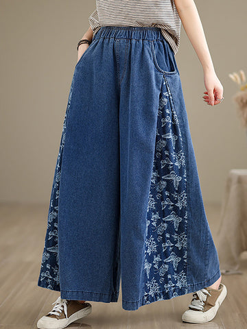 Women Vintage Summer Butterfly Spliced Wide-leg Denim Pants CO1030 Ada Fashion