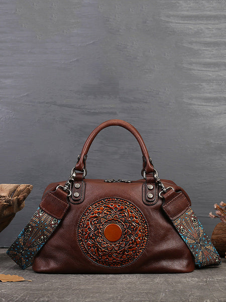 Women Leather Flower Spliced Capacity Hand Bag Shoulder Bag AX1007 Genistyle Shop