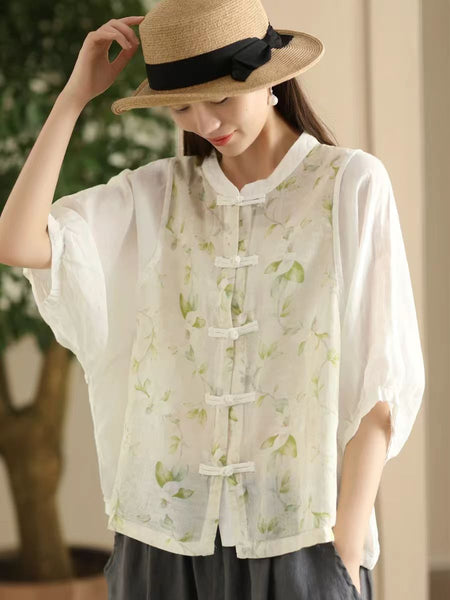 Women Summer Vintage Flower Spliced Button-up Ramie Shirt FD042 ZMMM