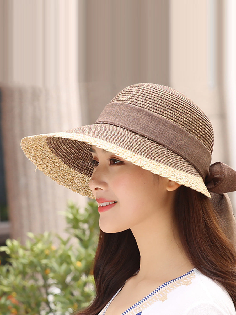 Women Summer Straw Colorblock Large Brim Sunproof Hat ZZ1028 Ada Fashion